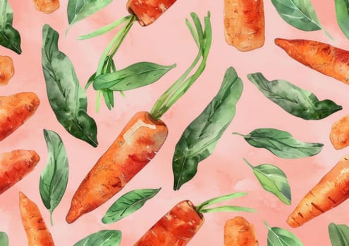 Vegetable pattern of carrots on pink background with leaves, ideal for healthy food, kitchen, and gardening themes