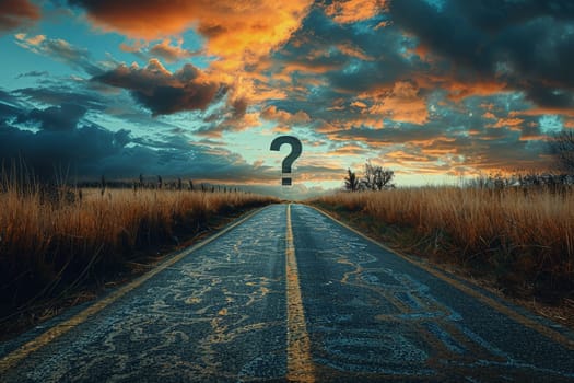 large question mark looming on winding road concept of Indecision and Uncertainty,.