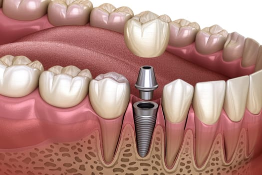 Dental implantation, teeth with implant screw. ai generative.