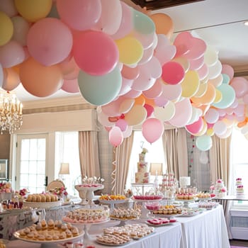 Birthday table decoration with sweets, flowers, candles and pink balloons. Selective focus