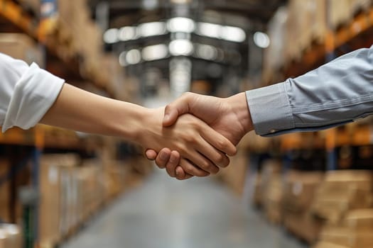 Handshake between a male and female executive on a blurred background of a large logistics warehouse.