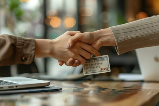 Businessmen making handshake with money in hands. Bribery and corruption concepts.