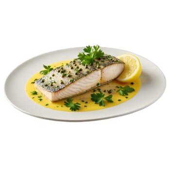 Sole fillet pan seared and served with a delicate lemon caper sauce garnished with fresh. Food isolated on transparent background