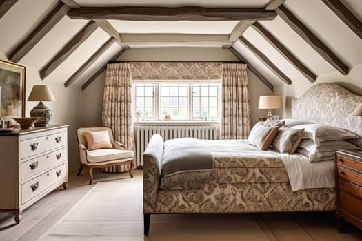 Cottage style bedroom decor, interior design and home decor, bed with elegant bedding and bespoke furniture, English country house or holiday rental interiors