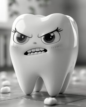 3D, cartoon emotional tooth on the table. Selective focus