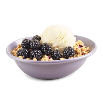 Blackberry crumble with juicy blackberries a buttery oat topping and a scoop of vanilla ice. close-up food, isolated on transparent background