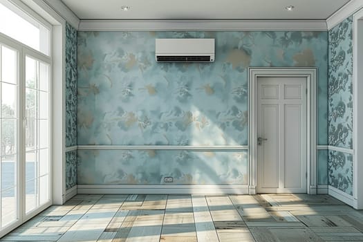 Empty room with blue wallpaper on the wall, white door and air conditioner near a large window.