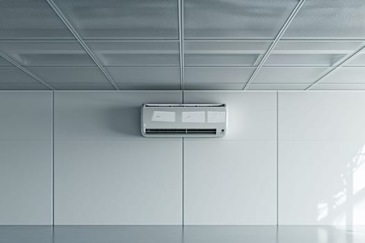 Air conditioner high on a white wall in a work office.