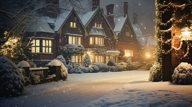 Christmas in the countryside manor, English country house mansion decorated for holidays on a snowy winter evening with snow and holiday lights, Merry Christmas and Happy Holidays design