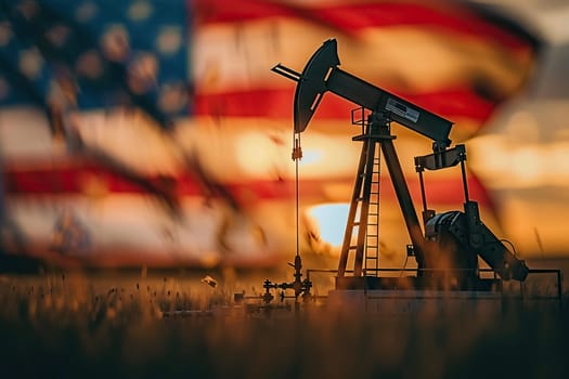 An image of an oil pump against a background of golden bokeh and the US flag.