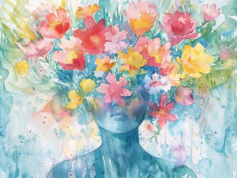 Watercolor painting of a woman adorned with flowers on a blue background, beauty and art theme