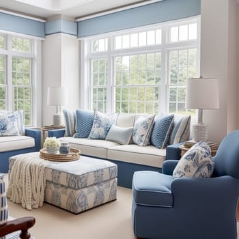 Interior design, living room decor and house improvement, furniture, sofa, home decor, white and blue textiles, country cottage lounge style, post-processed, generative ai