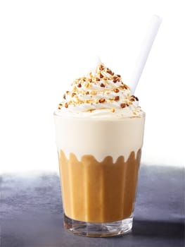 Sticky toffee pudding milkshake British glass date pudding toffee sauce vanilla cream. Drink isolated on transparent background.