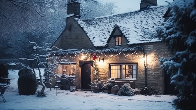 Christmas in the countryside, cottage and garden decorated for holidays on a snowy winter evening with snow and holiday lights, English country styling inspiration