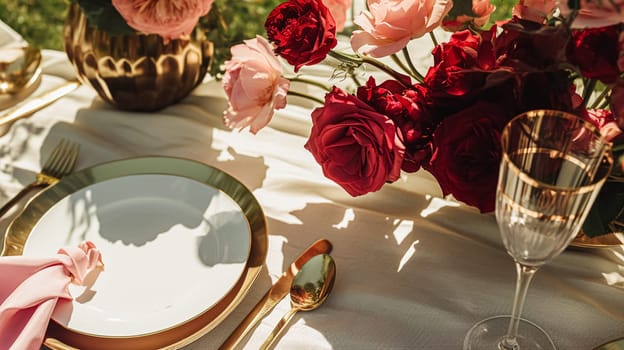 Wedding and event celebration tablescape with flowers, formal dinner table setting with roses and wine, elegant floral table decor for dinner party and holiday decoration, home styling idea