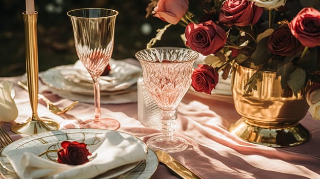 Wedding and event celebration tablescape with flowers, formal dinner table setting with roses and wine, elegant floral table decor for dinner party and holiday decoration, home styling idea