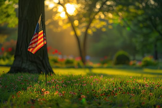 Image of the usa flag in green grass in the park. The concept of Patriot Day, Independence Day, Memorial Day and other national holidays.