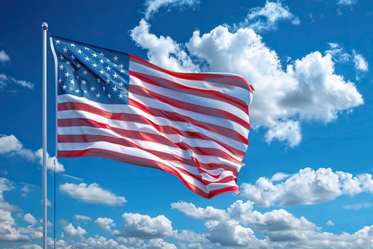 The flag of the United States of America flutters in the wind against the blue sky. USA flag