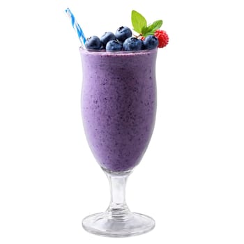 Blueberry smoothie with fresh berries and yogurt swirl bursting upwards Food and culinary concept. Food isolated on transparent background.