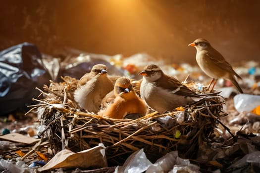 Environmental pollution - birds are sitting on a nest made of household waste. Man harms the environment. High quality photo