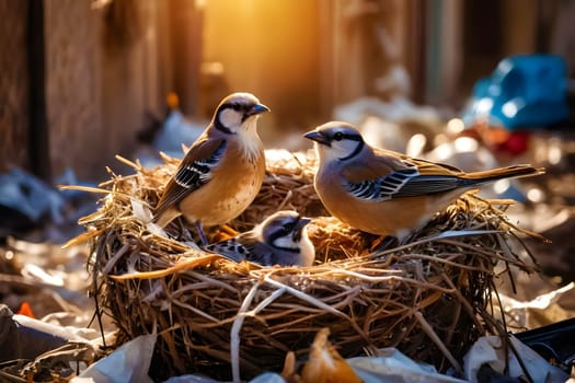 Environmental pollution - birds are sitting on a nest made of household waste. Man harms the environment. High quality photo