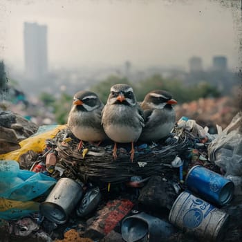 Environmental pollution - birds are sitting on a nest made of household waste. Man harms the environment. High quality photo