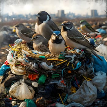 Environmental pollution - birds are sitting on a nest made of household waste. Man harms the environment. High quality photo