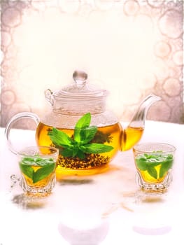 Moroccan Mint Tea Clear glass teapot and small glasses with the traditional Moroccan tea made. Drink isolated on transparent background.