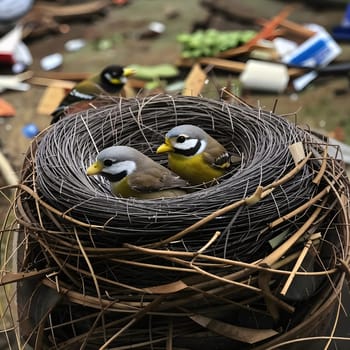 Environmental pollution - birds are sitting on a nest made of household waste. Man harms the environment. High quality photo