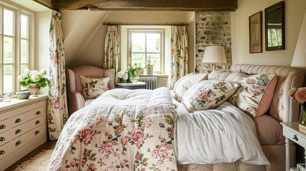 Cotswolds cottage style bedroom decor, interior design and home decor, bed with elegant bedding and bespoke furniture, English countryside house or holiday rental