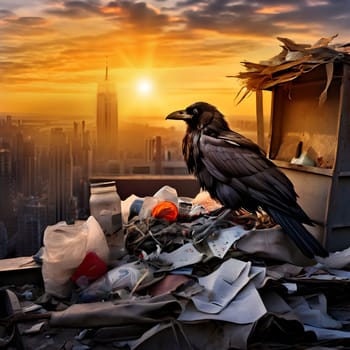 A raven sits on a pile of garbage and looks at the city. Environmental pollution. High quality photo