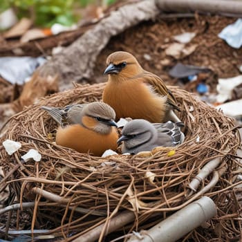 Environmental pollution - birds are sitting on a nest made of household waste. Man harms the environment. High quality photo