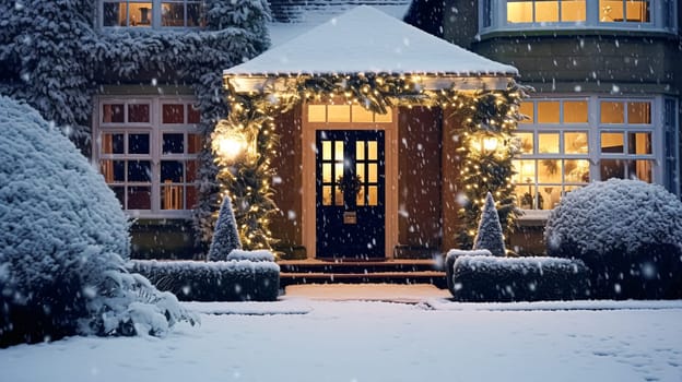 Christmas in the countryside manor, English country house mansion decorated for holidays on a snowy winter evening with snow and holiday lights, Merry Christmas and Happy Holidays design