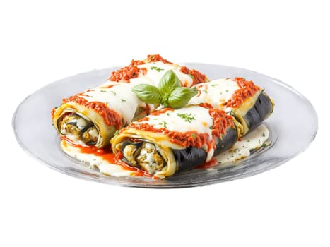 Vegetarian eggplant rollatini with marinara sauce and mozzarella served on a transparent glass plate Italian. Food isolated on transparent background.