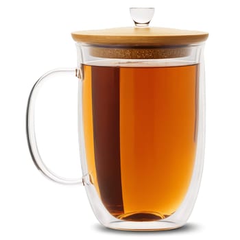 Sleek double walled glass tea mug with a bamboo lid filled with a refreshing peach. Drink isolated on transparent background