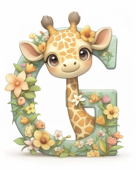 Illustration of a giraffe and the letter "U", learning the alphabet. Selective focus.