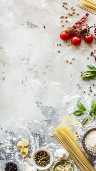 Pasta recipe preparation flatlay background with ingredients, spaghetti, olive oil, garlic, tomatoes and spices in the kitchen, homemade food recipe idea