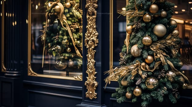 Christmas decoration details on English styled luxury high street city store door or shopping window display, holiday sale and shop decor inspiration