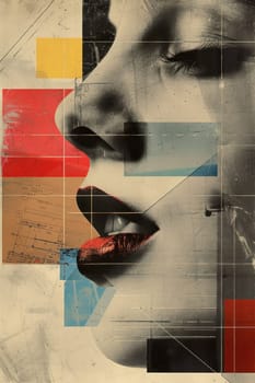 Abstract geometric collage of woman's face surrounded by various squares and rectangles, artistic and creative design concept