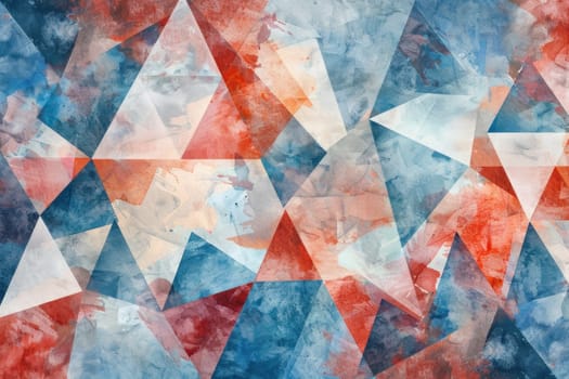 Vibrant abstract watercolor pattern with red, blue and white triangles on blue sky background