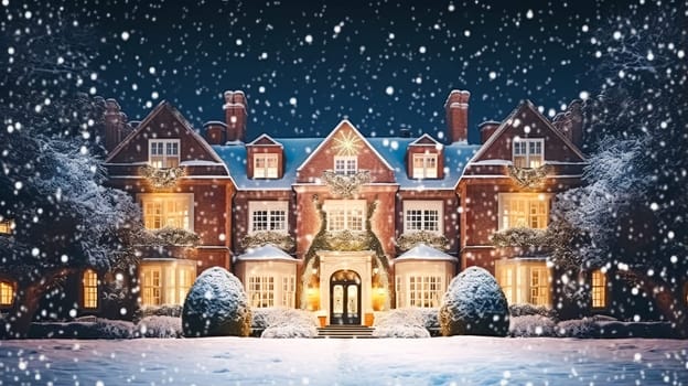 Christmas in the countryside manor, English country house mansion decorated for holidays on a snowy winter evening with snow and holiday lights, Merry Christmas and Happy Holidays design