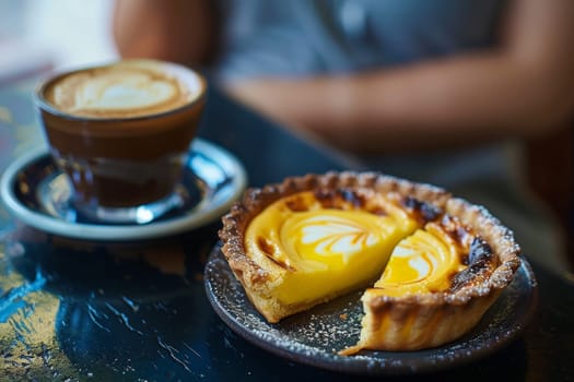 Hong Kong Egg Tart with woman drink hot coffee in cafe..