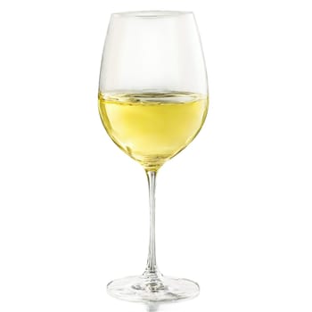 Spiegelau Style White Wine glass slender tapered bowl long stem crisp pale yellow wine splashing. Close-up wine glass, isolated on transparent background