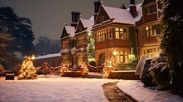 Christmas in the countryside manor, English country house mansion decorated for holidays on a snowy winter evening with snow and holiday lights, Merry Christmas and Happy Holidays design