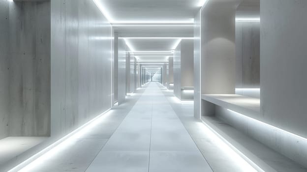 A long, narrow hallway with white walls and shelves. The hallway is lit by a series of lights, creating a bright and open atmosphere