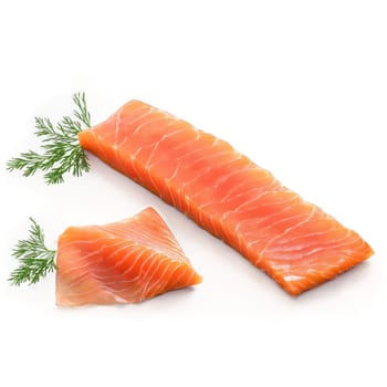 Smoked salmon thin pink lox slices folded on plate dill sprigs isolated on transparent background. Food isolated on transparent background.