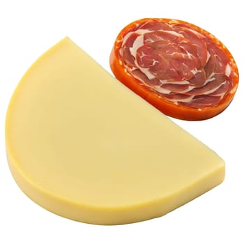 Provolone cheese semi hard slice paired with cured meats and pickled vegetables Culinary and Food. Food isolated on transparent background