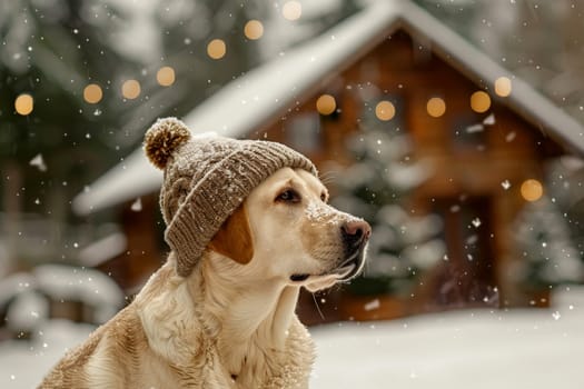 a dog wearing a knitted hat in a snowy landscape with a rustic cabin in the background..