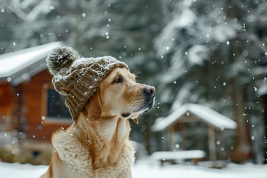 a dog wearing a knitted hat in a snowy landscape with a rustic cabin in the background..