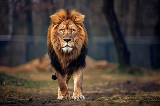 close shot of an intense lion gaze through bush of palm leaves and big space for text or product advertisement,.